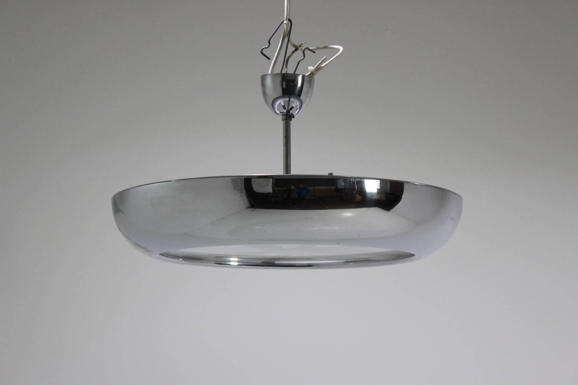Chrome and glass pendant lamp by Josef Hurka for Napako made in Czech Republik.
Pendant lamp has four bakelite E27 lampholders.
The lamp has new wires and is in excellent condition.
The short rod could be easily replaced with longer one.