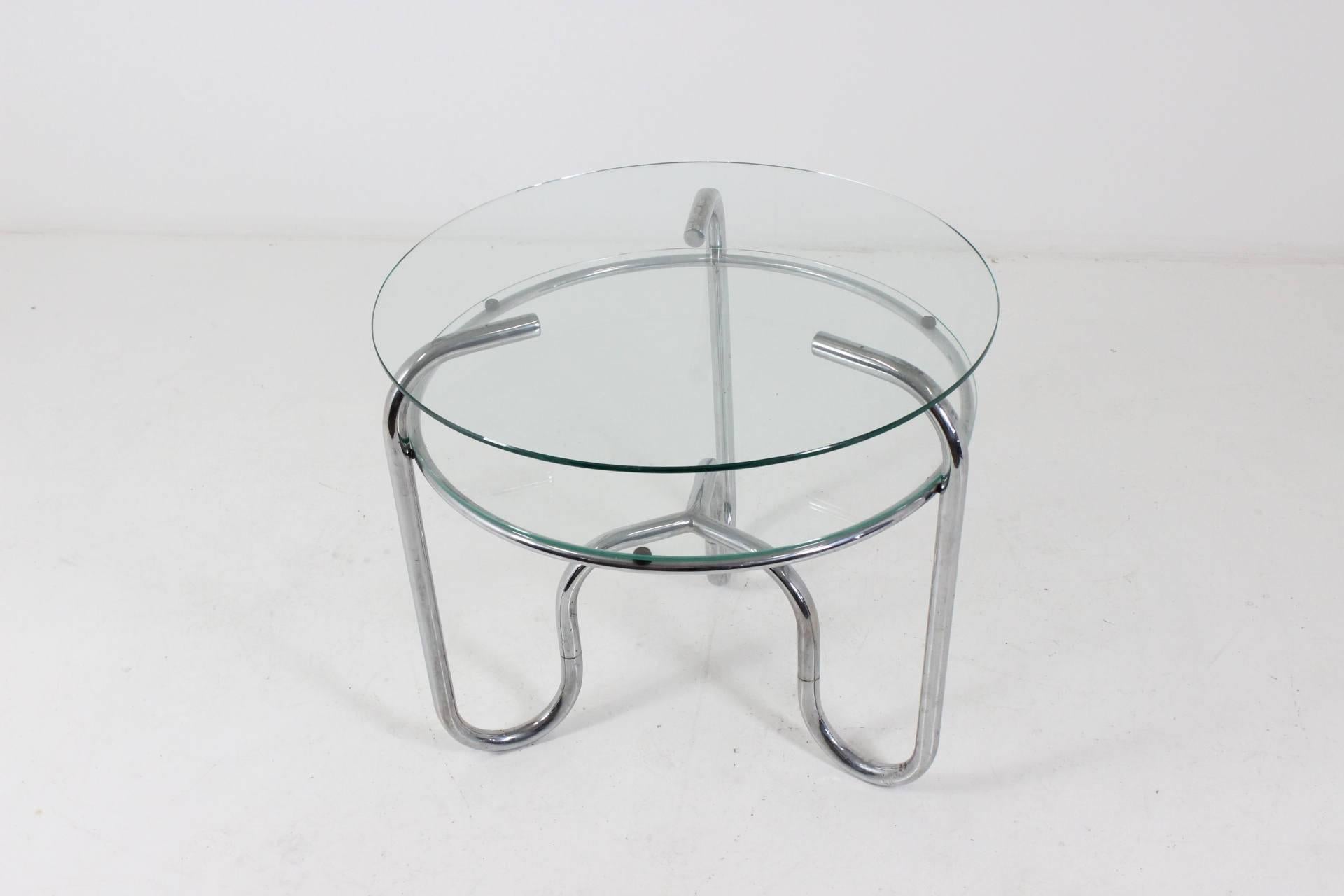 Rare table coming from Czechoslovakia from 1930s, chrome is in original very good condition with nice patina, glasses are new, high quality made with facets without any demage, rubber parts are original, from 1930s. Could be designed by Jindrich