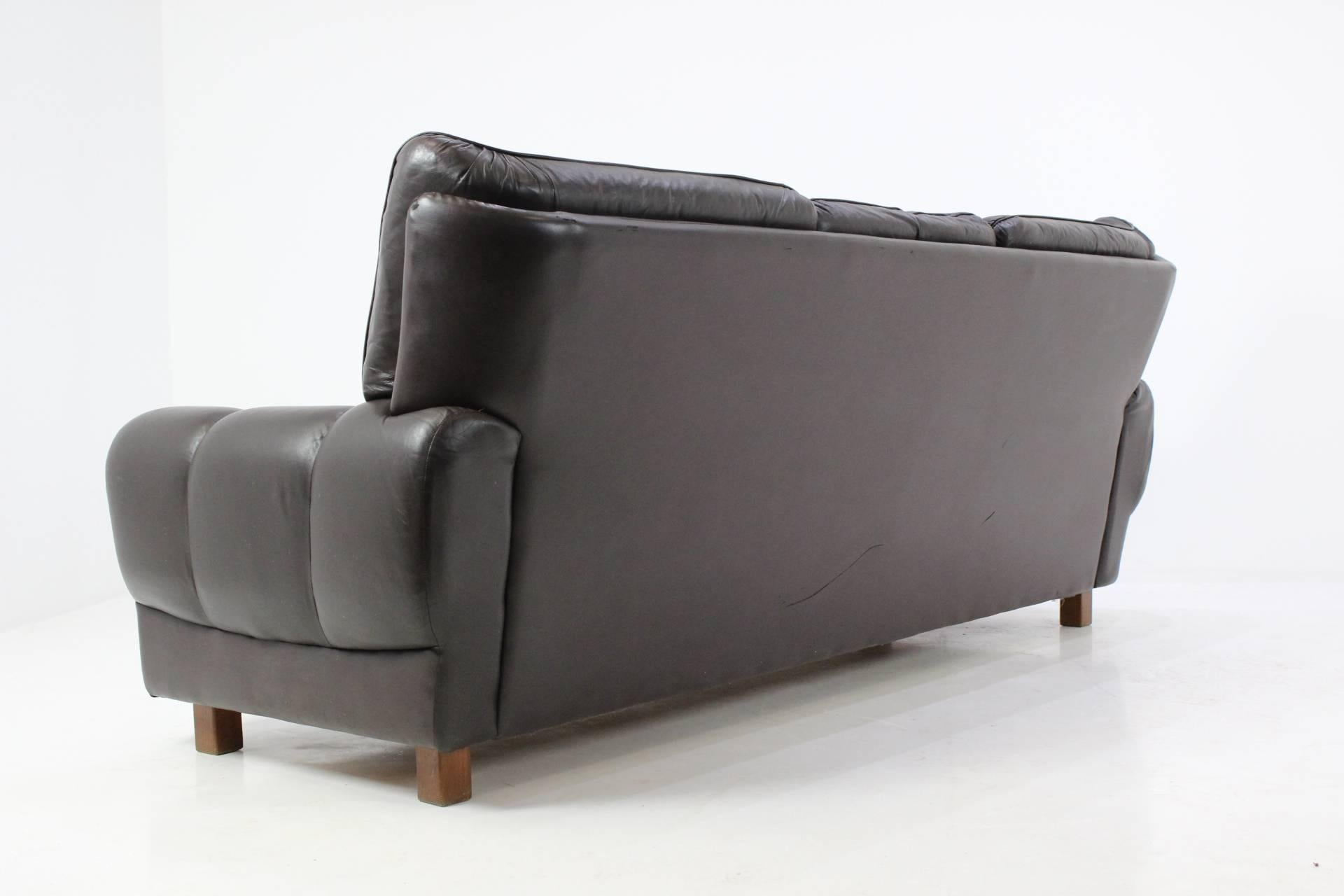 Late 20th Century Czech Leather Brown Sofa, 1970s For Sale