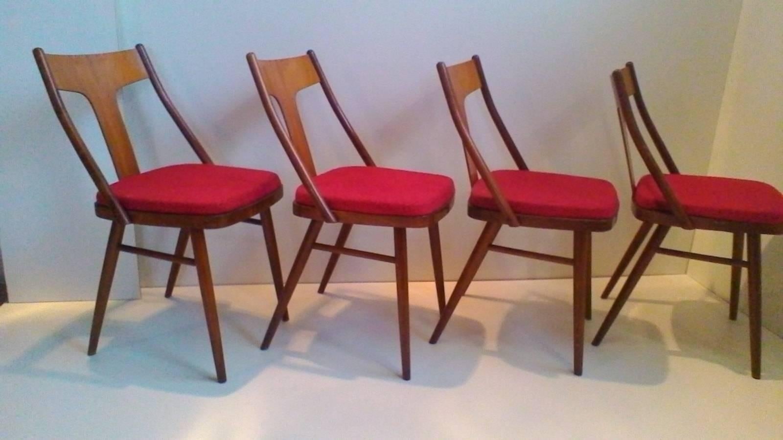 Upholstery Set of Four Art Deco Armchairs in Walnut and Beech