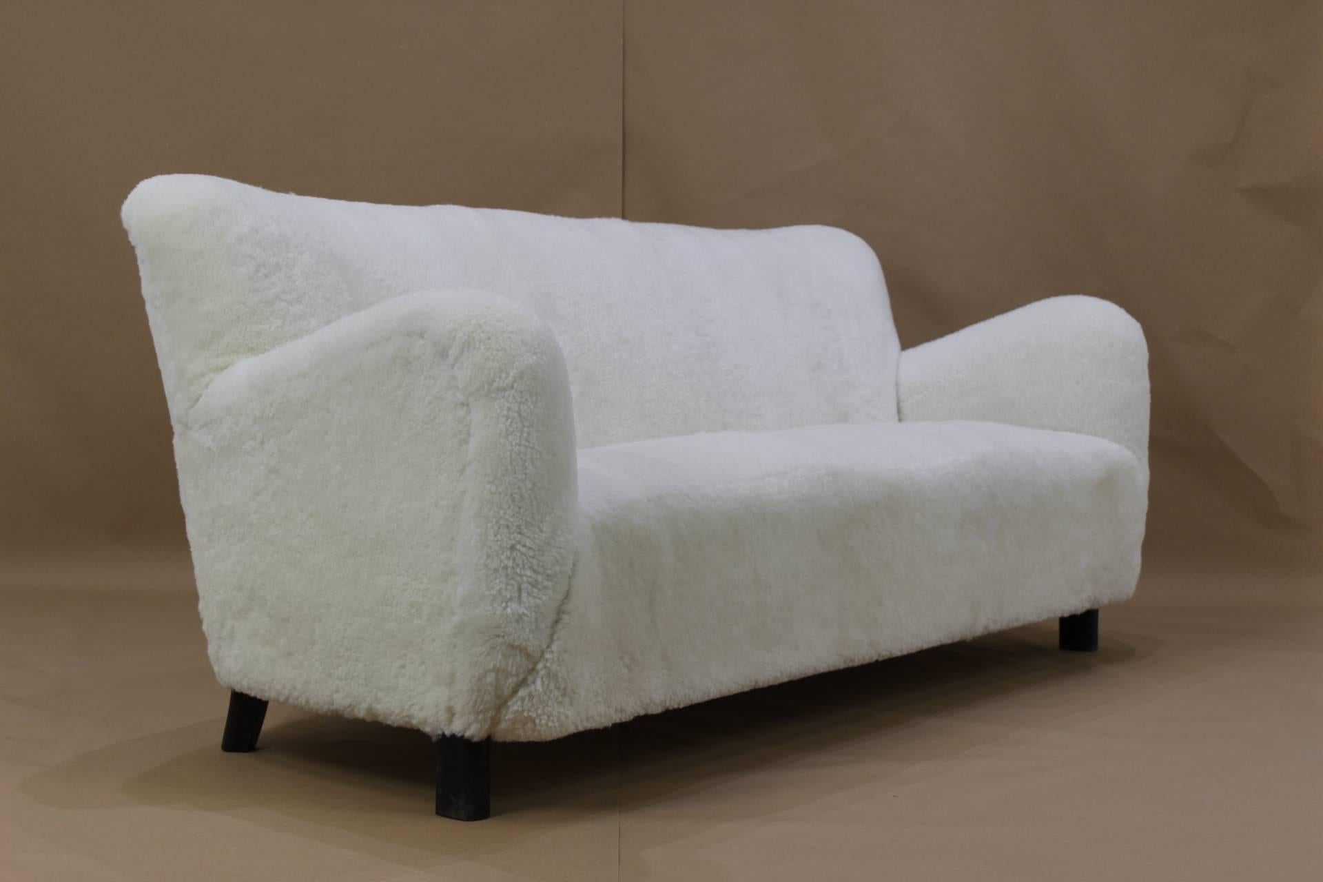 Sheepskin 1940s Fritz Hansen Three-Seat Sofa in Sheep Skin, Model 1669A