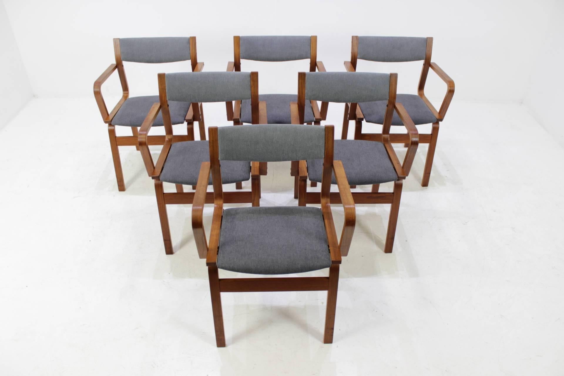The frame of each one is made from bentwood plywood and top has teak veneer. Newly upholstered. Partly renovated.