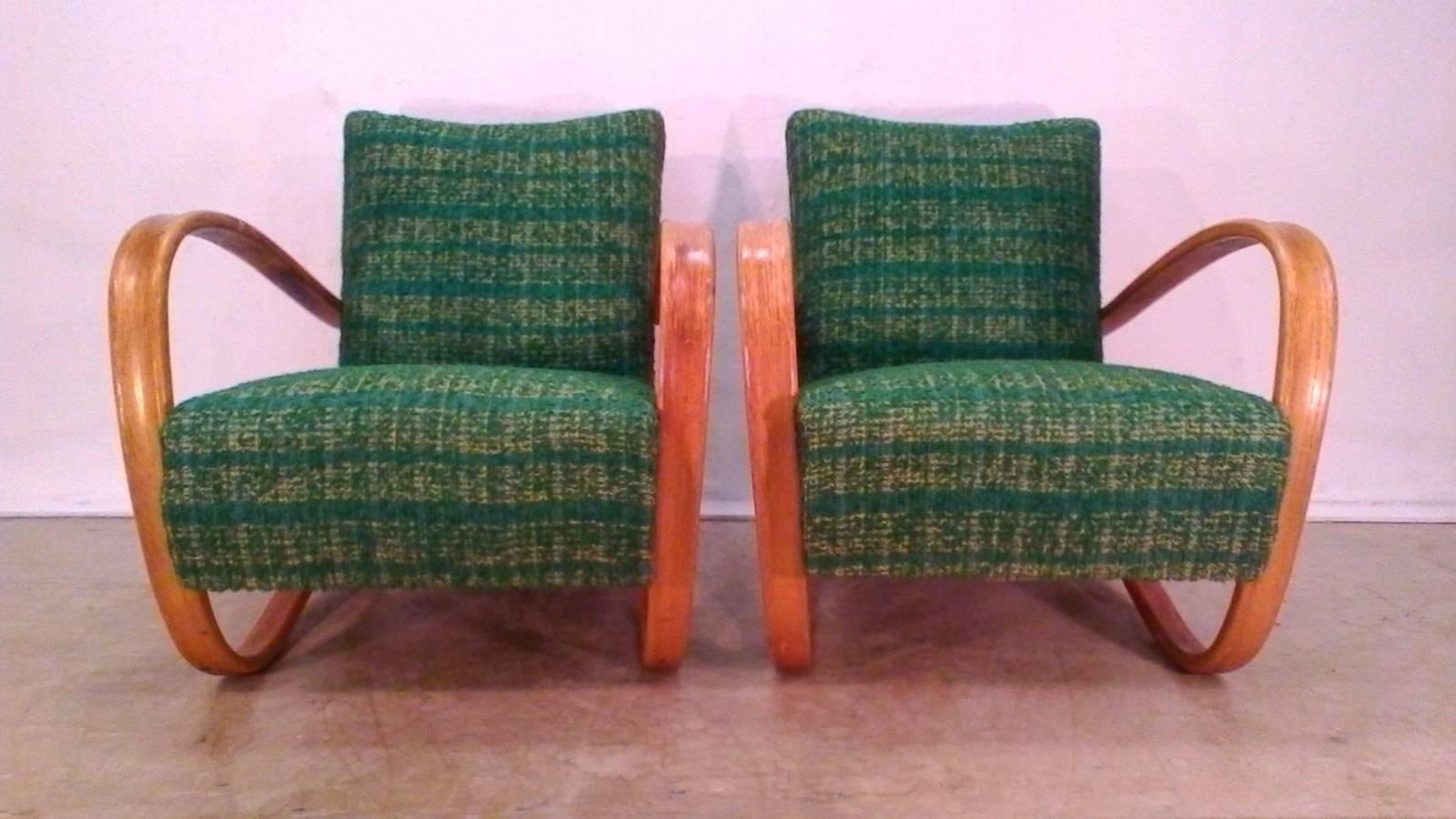 Fabric 1930 Pair of Jindrich Halabala Art Deco Armchairs and Spider Coffee Table
