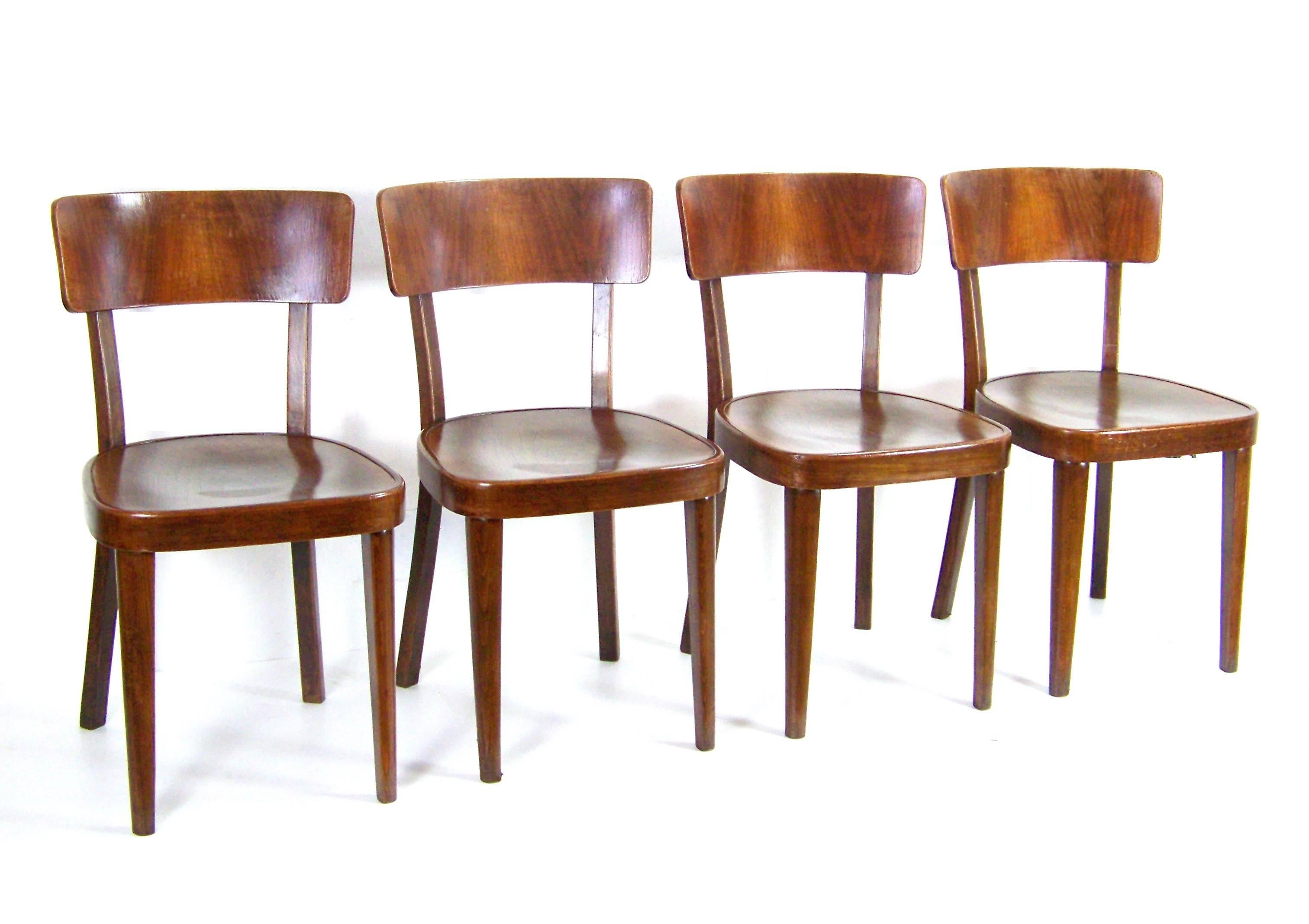 Found in the Thonet catalog from year 1927. Bent beechwood. Original very good condition with minor signs of use. Chairs was cleaned and gentle re-polished with shellack finish.