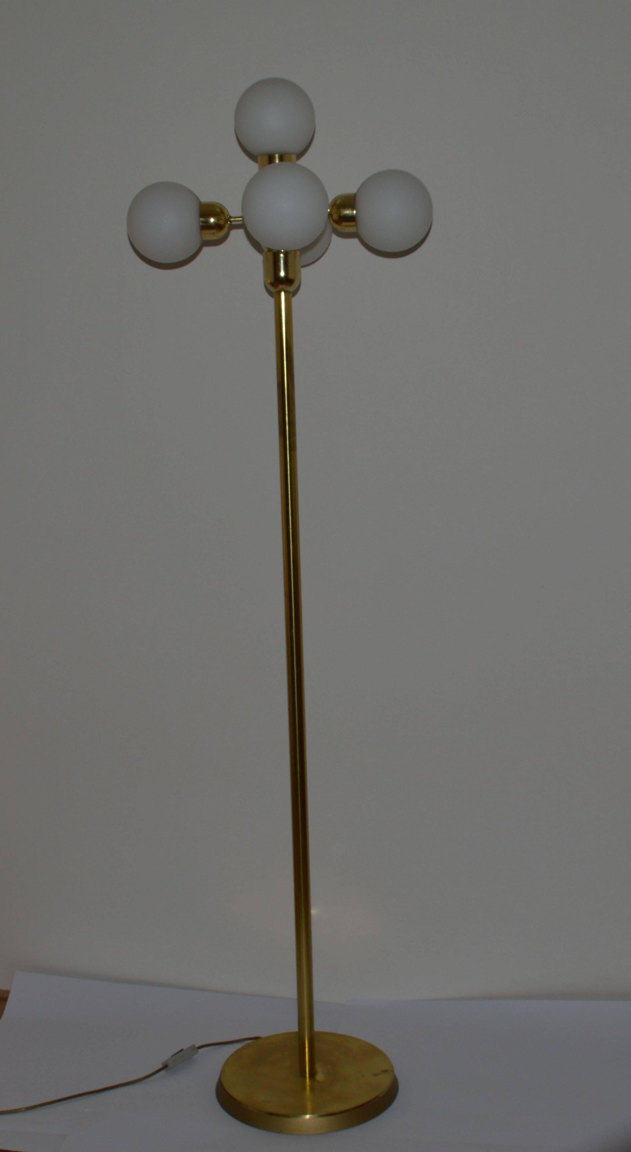 Rare Czech floor lamp with five balls of milk glass. Marked by paper label.