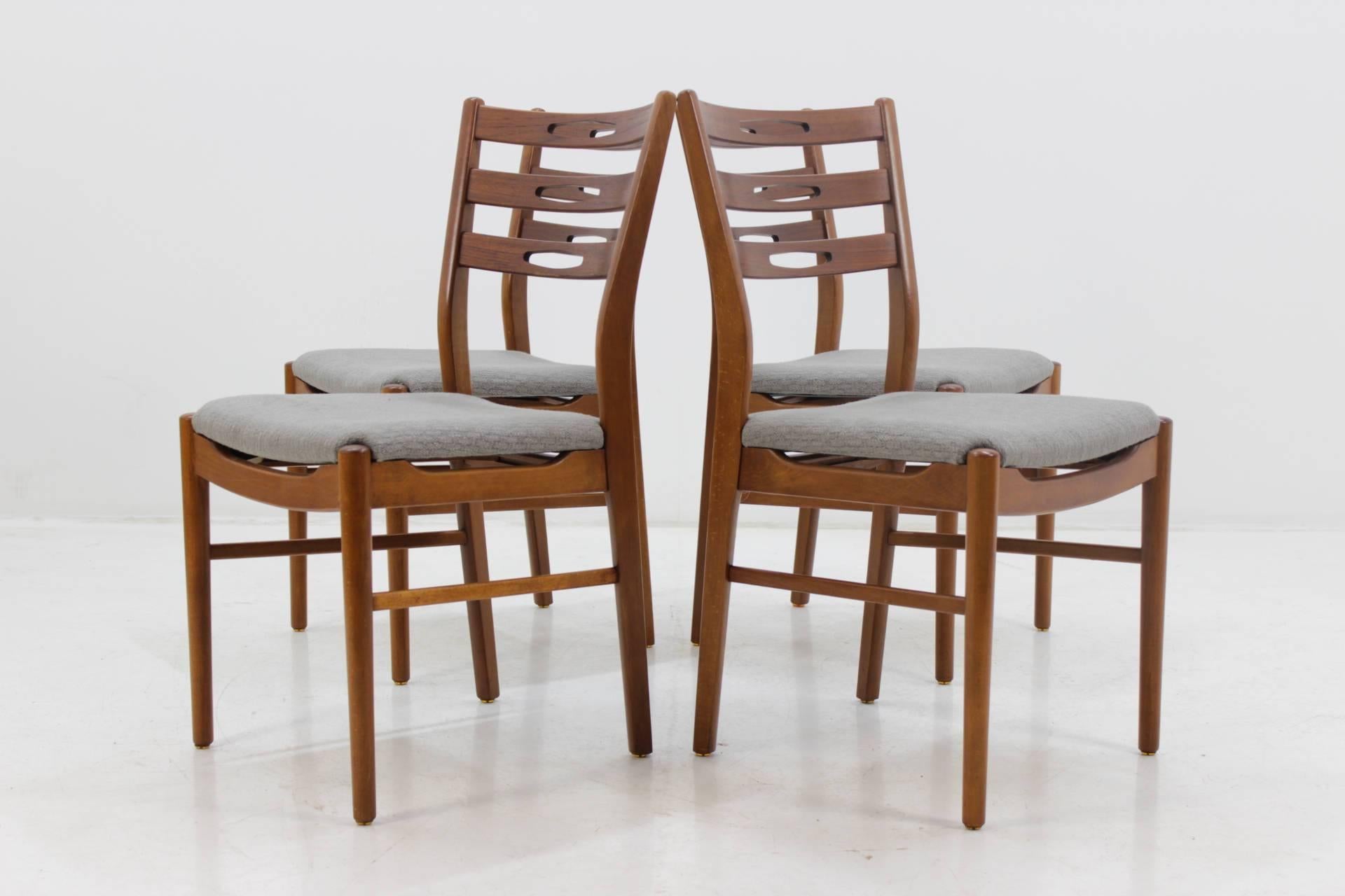 The frame of each one is made from solid teak wood. Newly upholstered. Partly renovated.