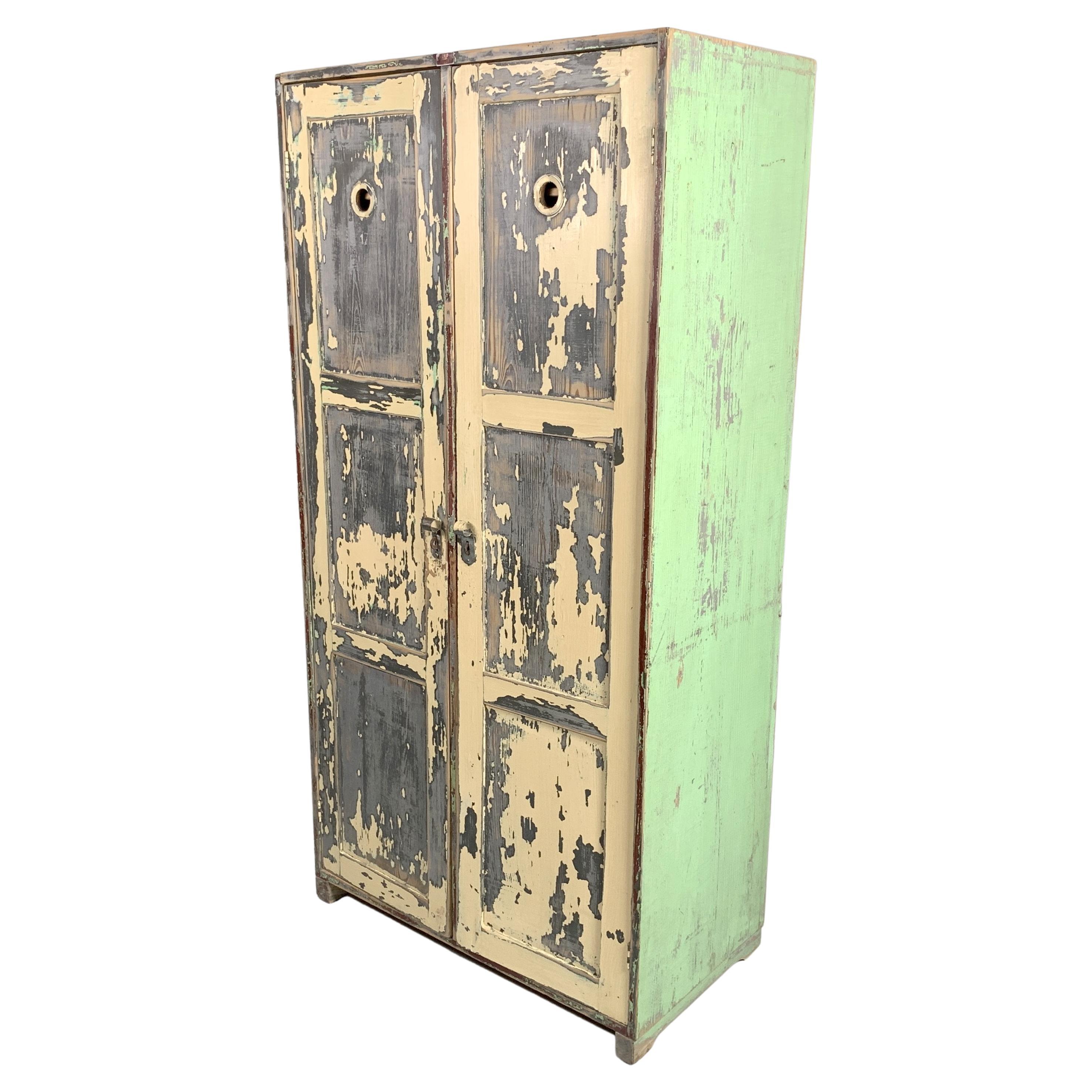 Vintage Industrial Wooden Wardrobe, Original Paint, 1930's