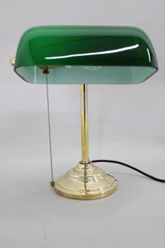 1930s Art Deco Brass  Banker Table Lamp with Glass Shade, Czechoslovakia