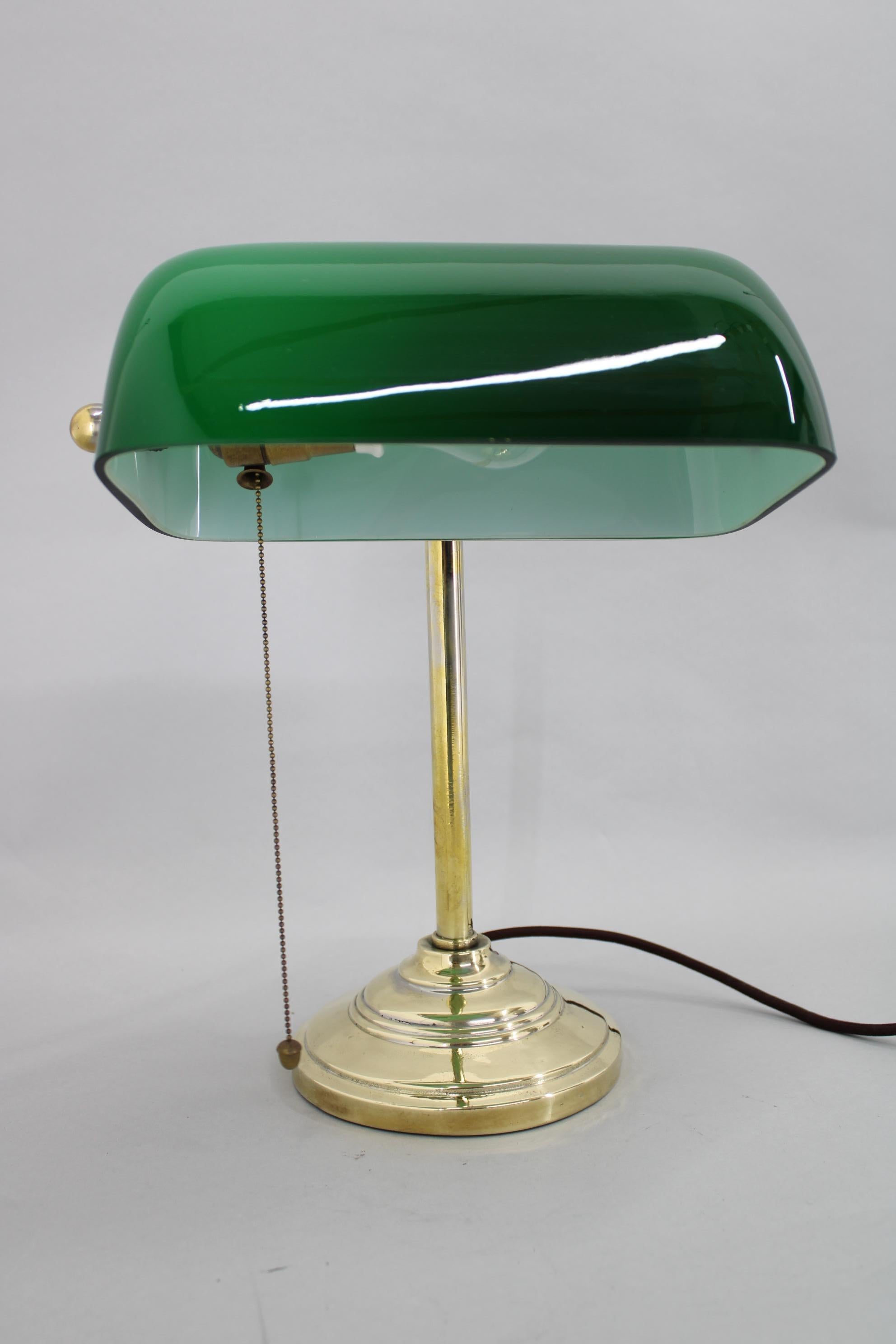 Mid-20th Century 1930s Art Deco Brass  Banker Table Lamp with Glass Shade, Czechoslovakia  For Sale
