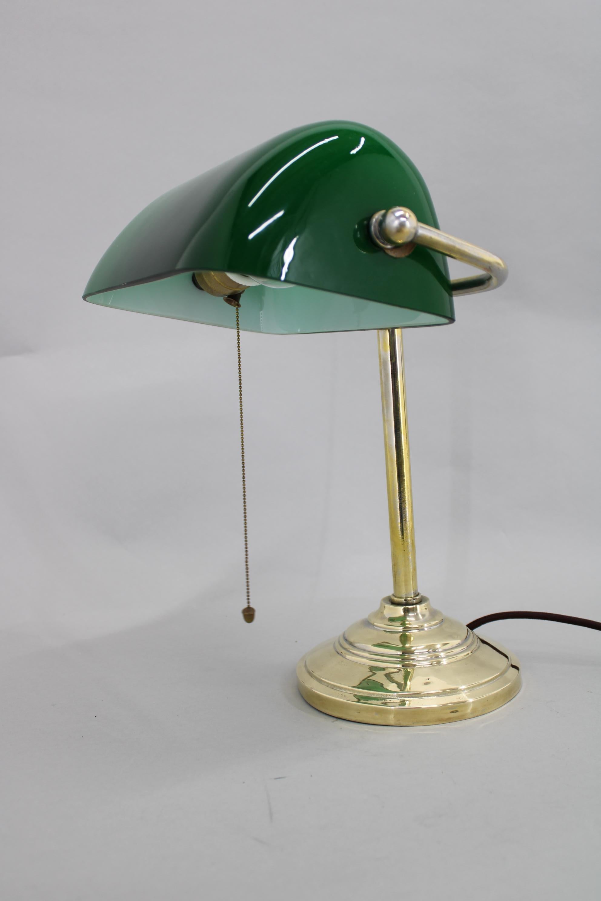 Metal 1930s Art Deco Brass  Banker Table Lamp with Glass Shade, Czechoslovakia  For Sale
