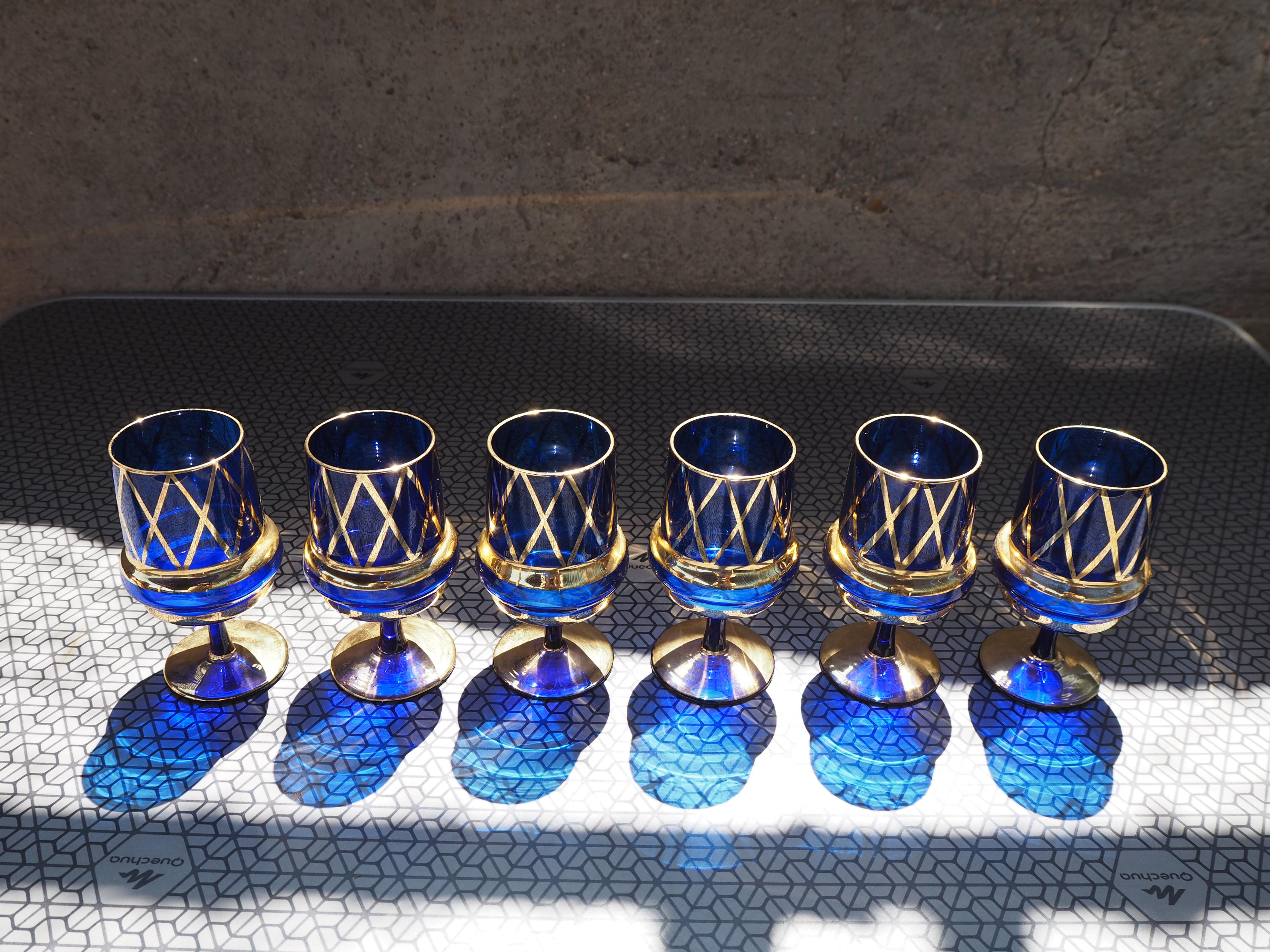 Mid-Century Modern Set of six cognac Bohemia glasses, 1960's. For Sale