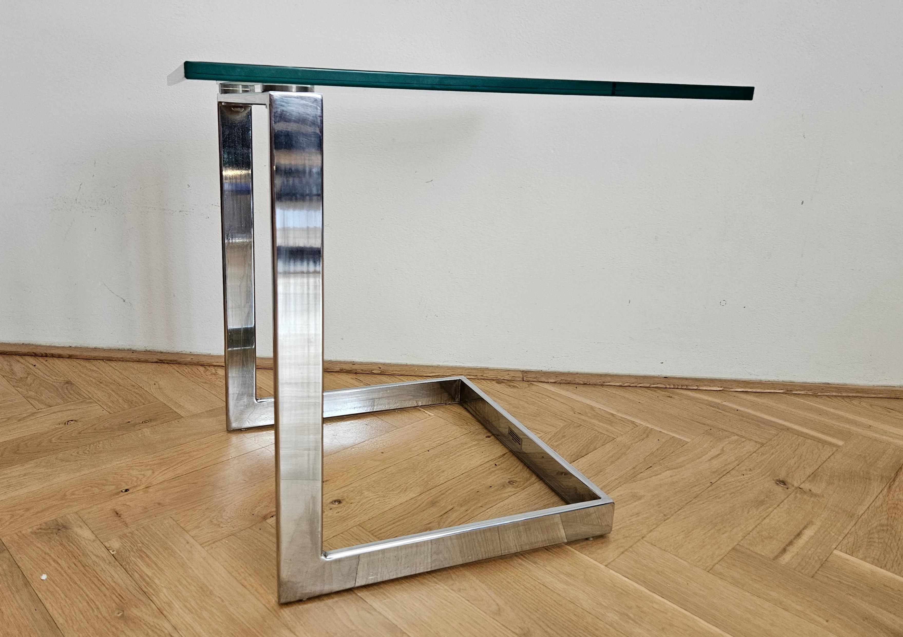 Midcentury Design Cantilevered Glass & Chrome Side Coffee Table GEBRA, 1980s For Sale 3