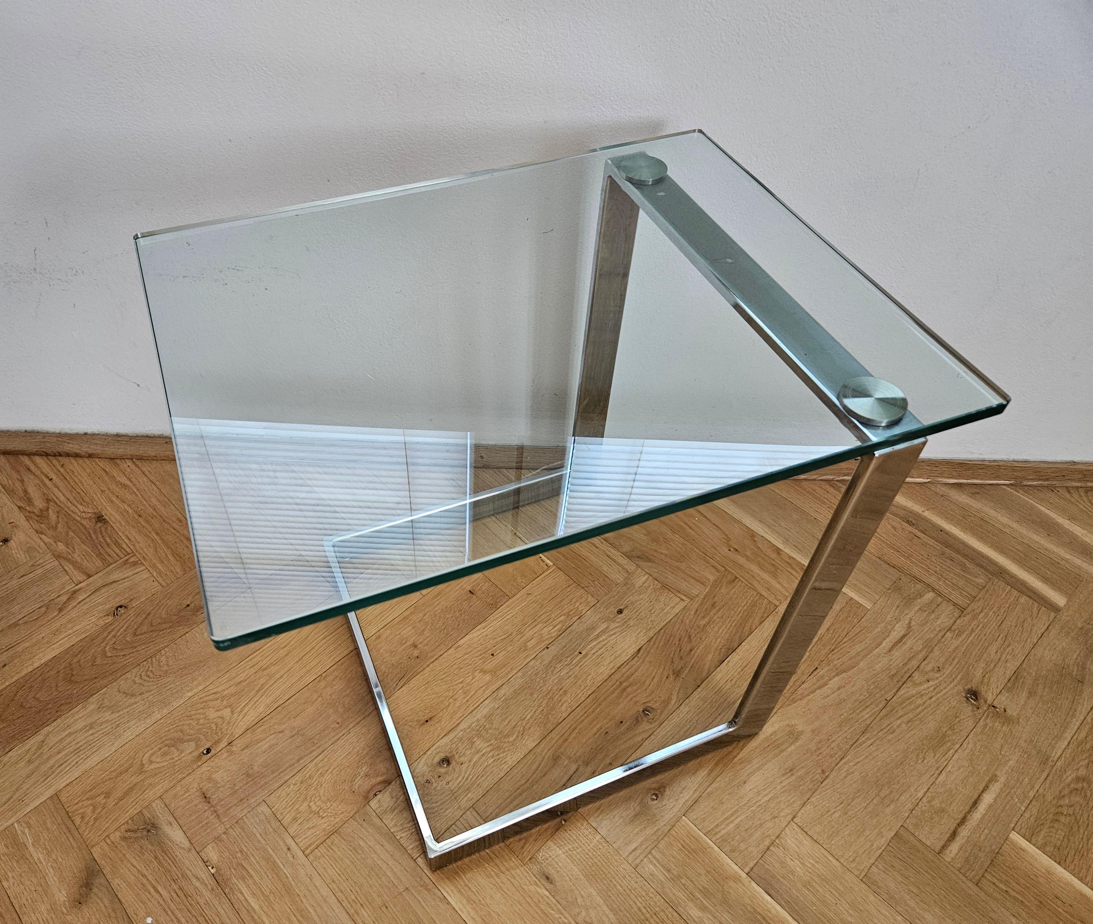 Late 20th Century Midcentury Design Cantilevered Glass & Chrome Side Coffee Table GEBRA, 1980s For Sale