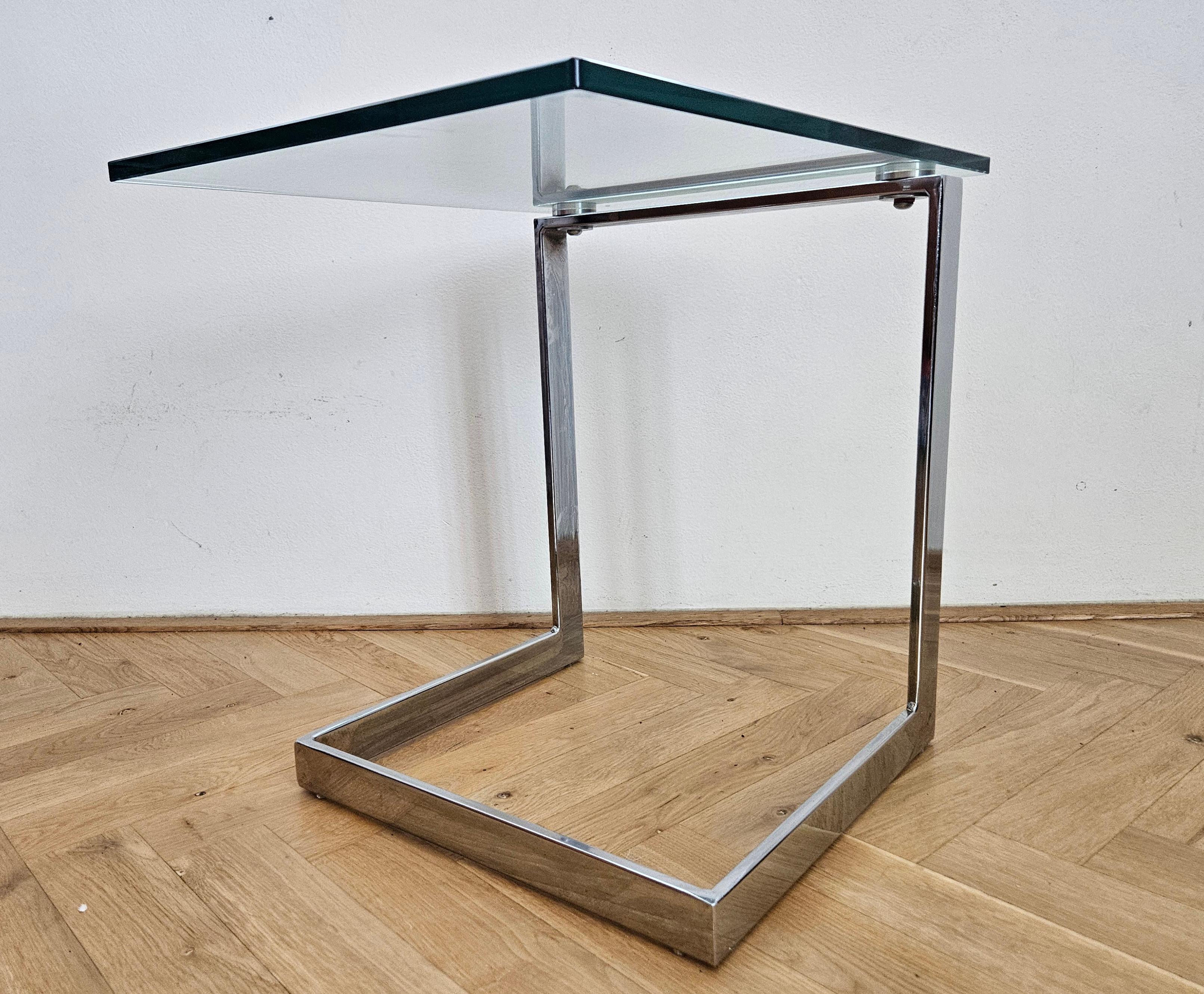 Midcentury Design Cantilevered Glass & Chrome Side Coffee Table GEBRA, 1980s For Sale 7