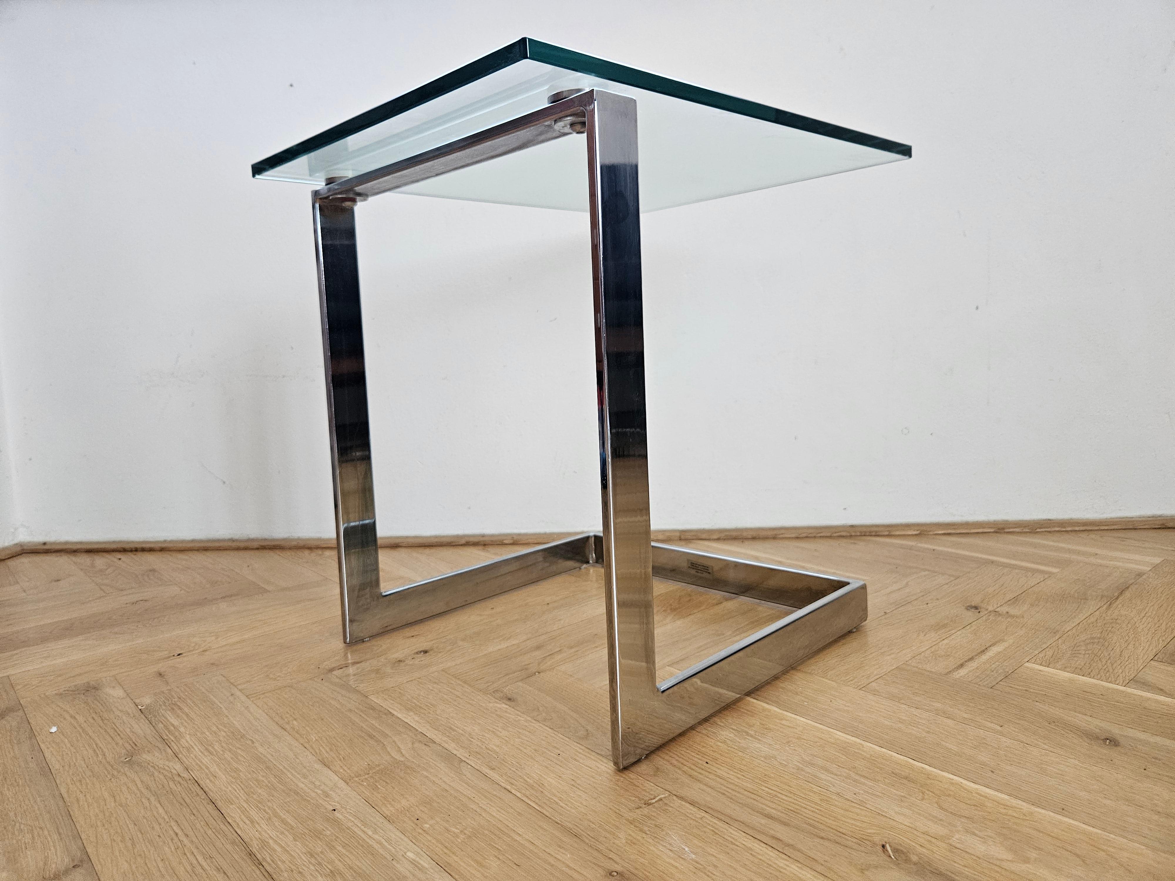 Midcentury Design Cantilevered Glass & Chrome Side Coffee Table GEBRA, 1980s For Sale 9