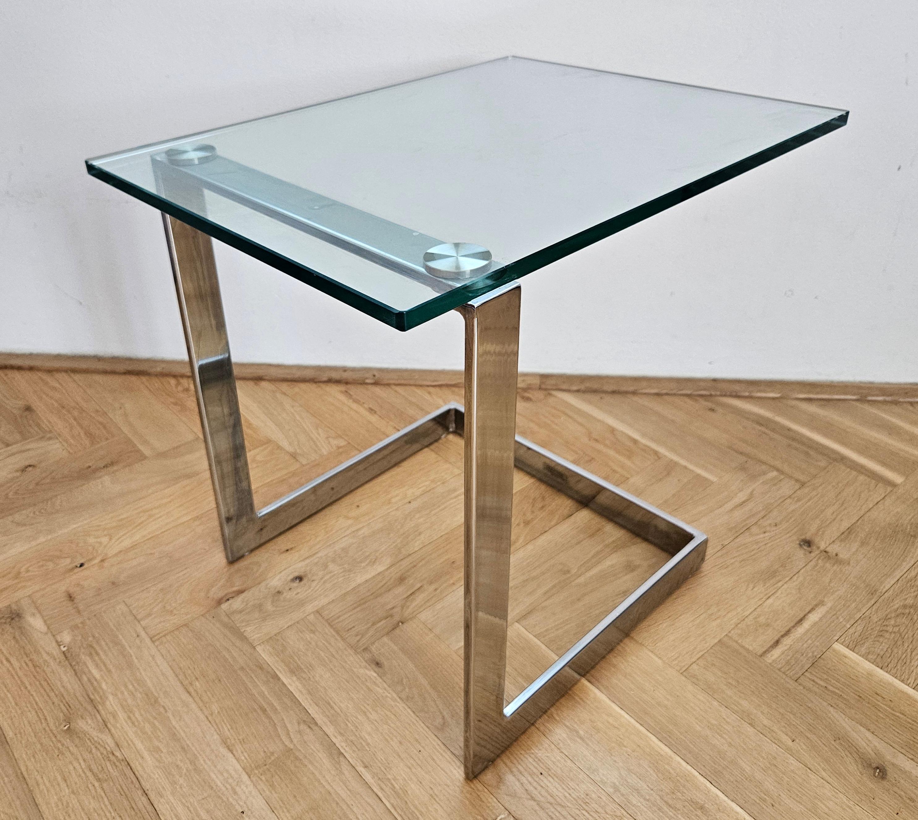 Midcentury Design Cantilevered Glass & Chrome Side Coffee Table GEBRA, 1980s For Sale 10