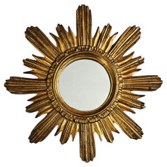 Midcentury Wall Mirror Gilted Wood Sunburst Starburst Stucco, Italy, 1950s