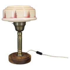 1940s Restored Brass Table Lamp with Wooden Base and Glass Shade
