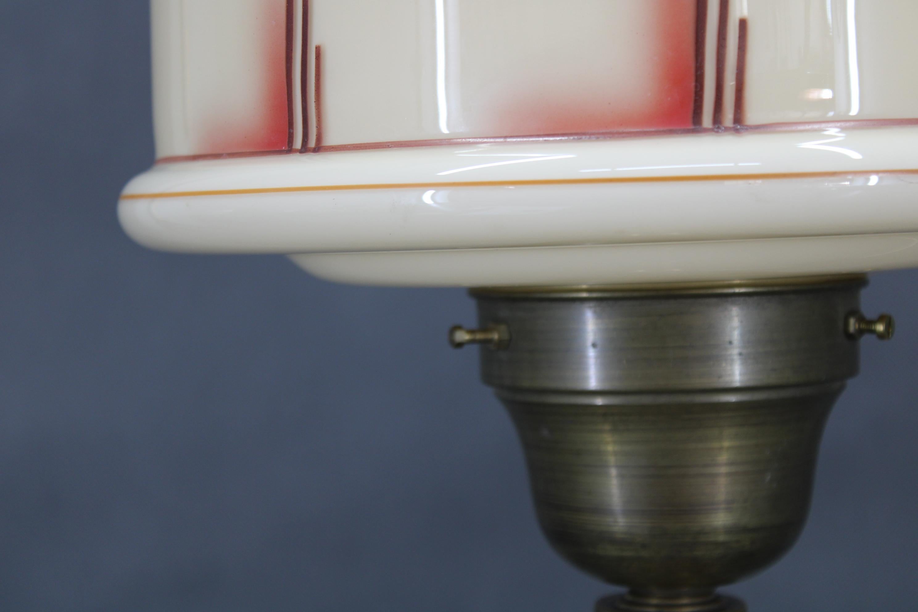 20th Century 1940s Restored Brass Table Lamp with Wooden Base and Glass Shade For Sale