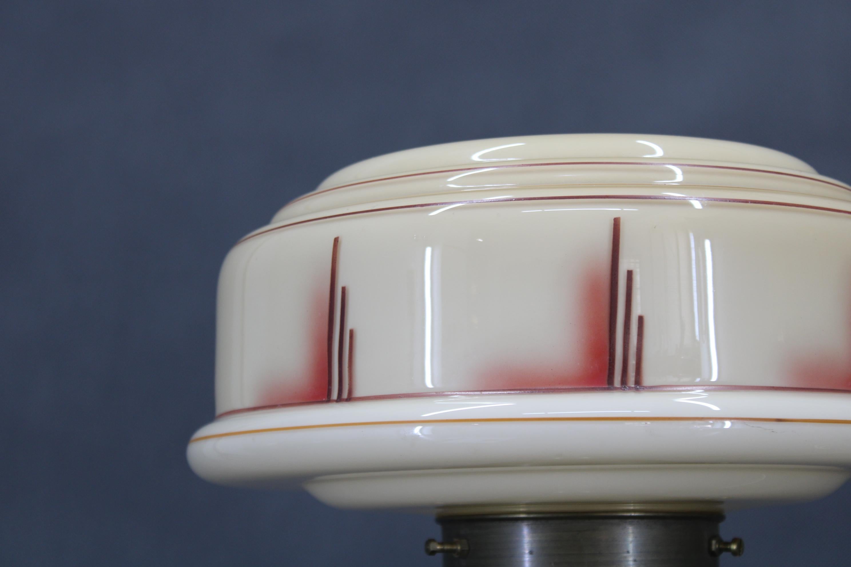 1940s Restored Brass Table Lamp with Wooden Base and Glass Shade For Sale 2