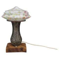 1940s Restored Brass Table Lamp with Wooden Base and Glass Shade