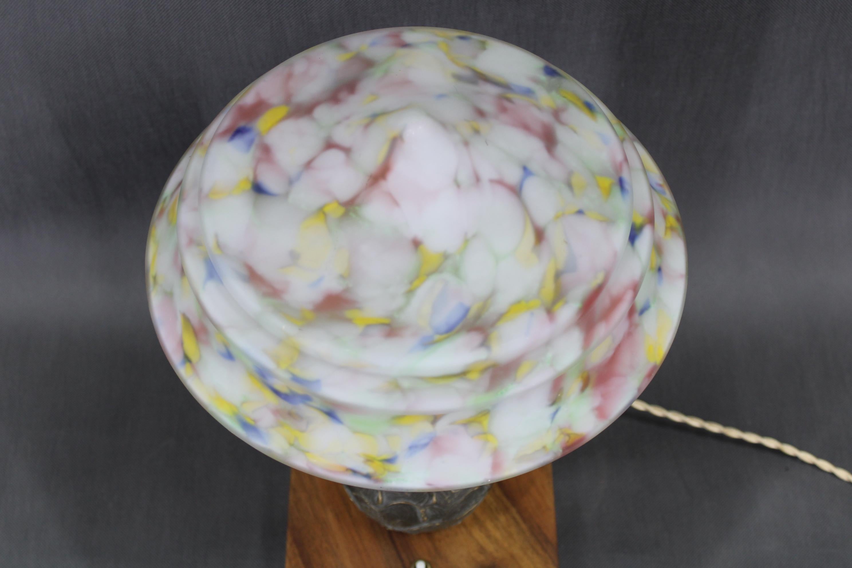 20th Century 1940s Restored Brass Table Lamp with Wooden Base and Glass Shade For Sale