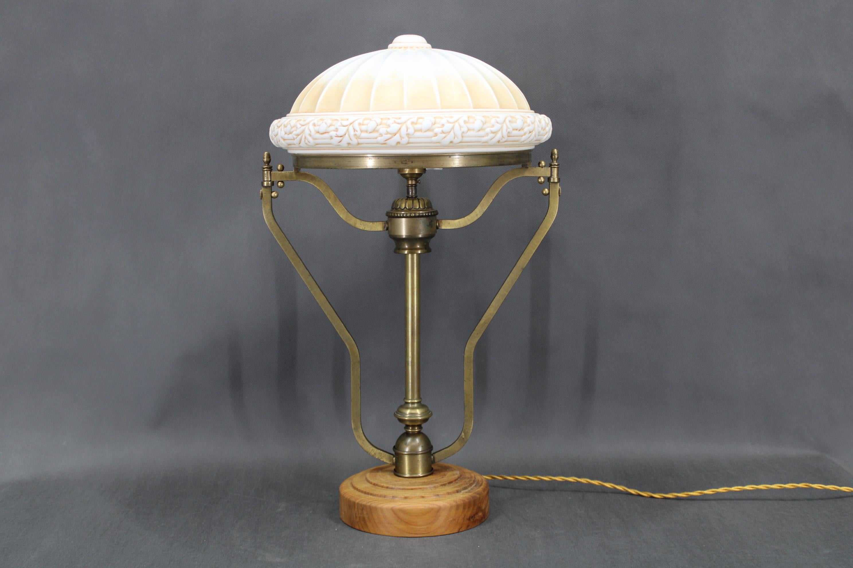 1930s Restored Brass Table Lamp with Wooden Base and Glass Shade For Sale