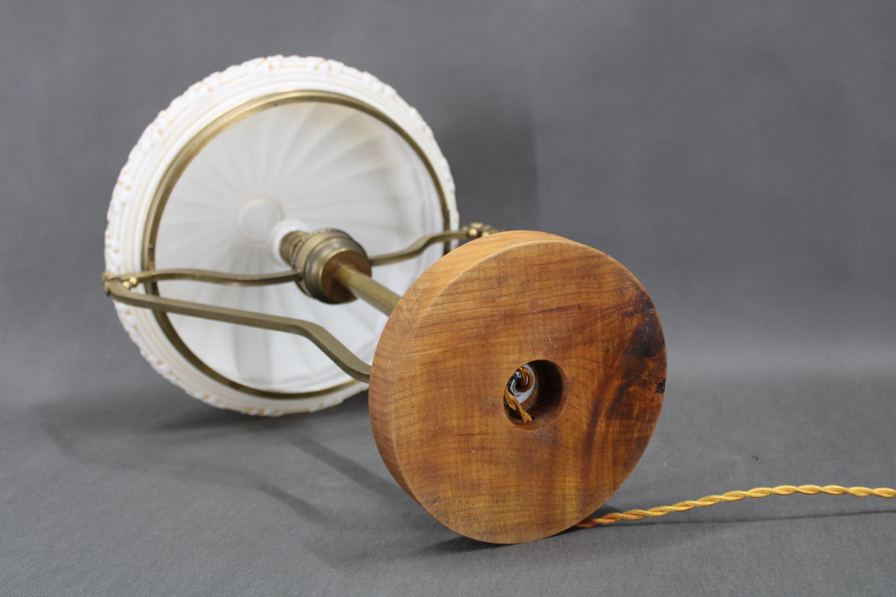 1930s Restored Brass Table Lamp with Wooden Base and Glass Shade For Sale 5