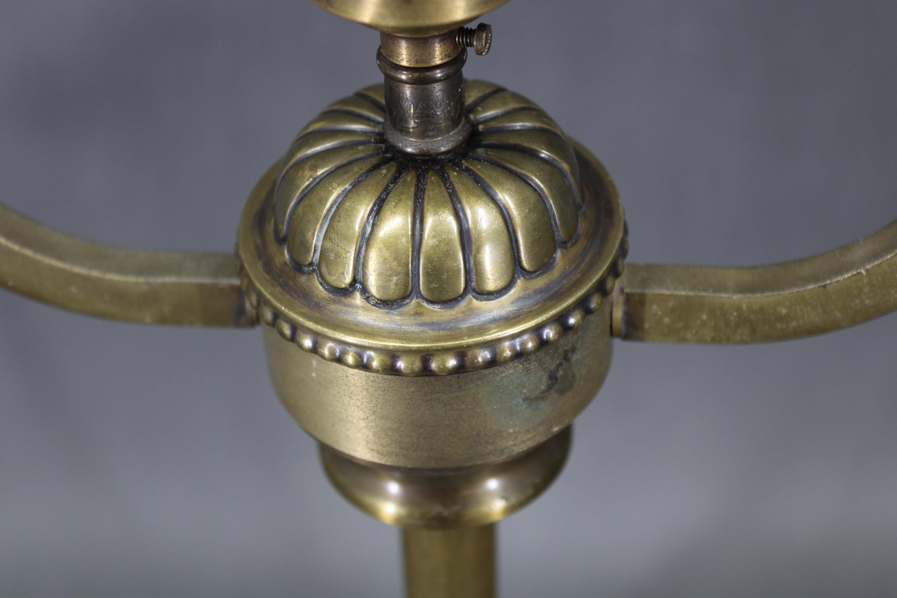 1930s Restored Brass Table Lamp with Wooden Base and Glass Shade For Sale 8