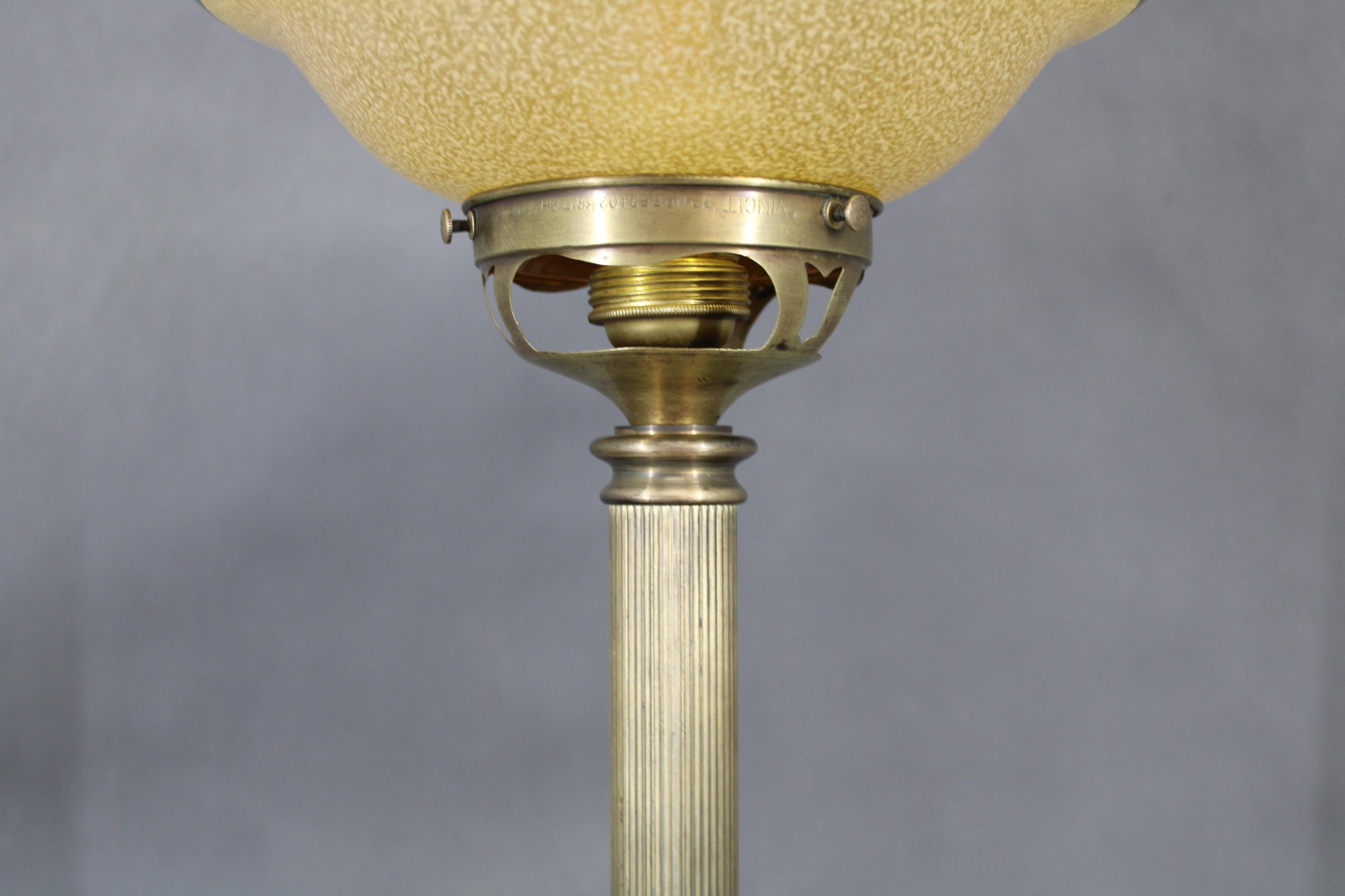20th Century 1940s Restored Brass Table Lamp with Marble Base and Glass Shade For Sale