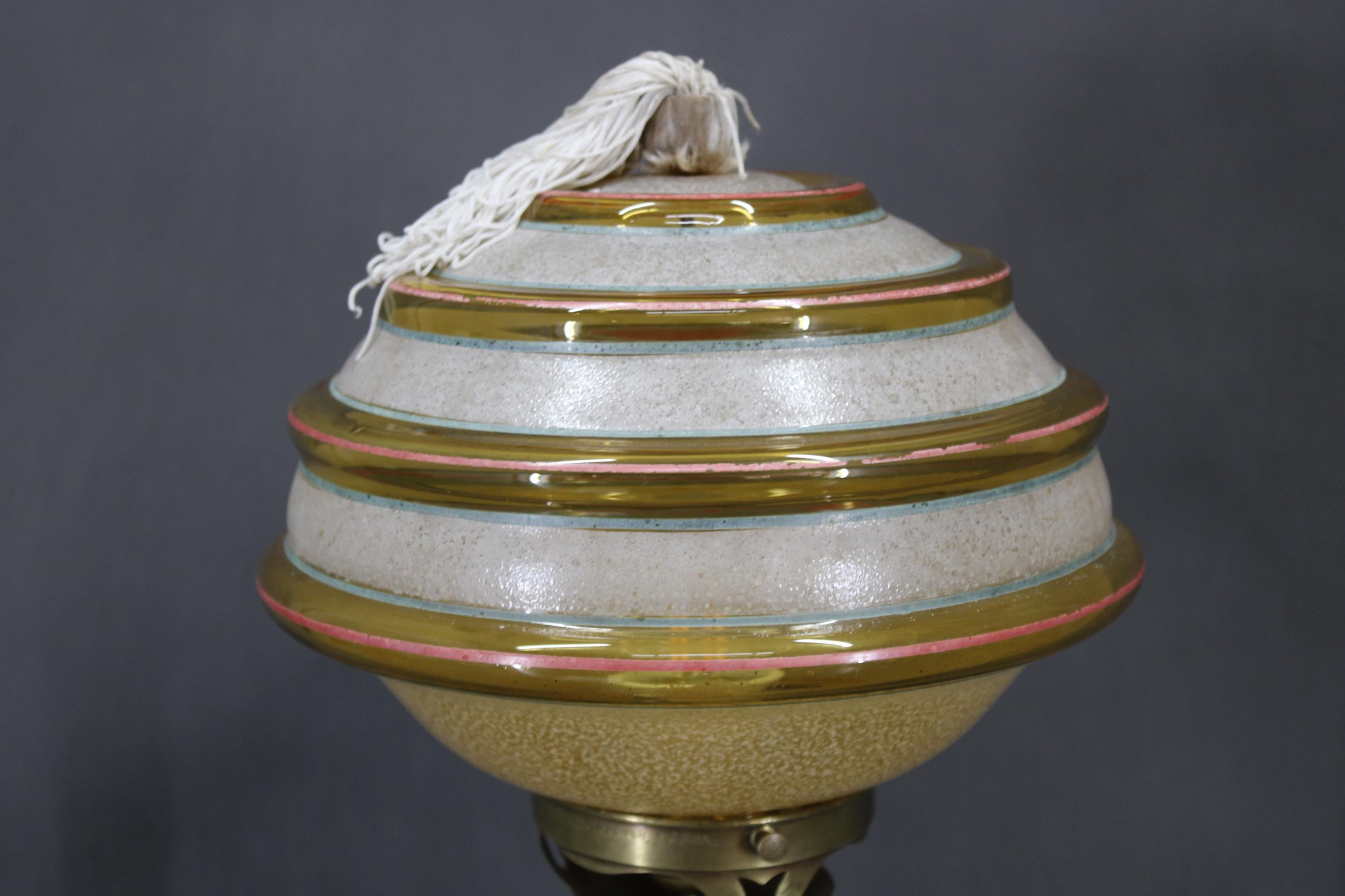 Art Deco 1940s Restored Brass Table Lamp with Marble Base and Glass Shade For Sale