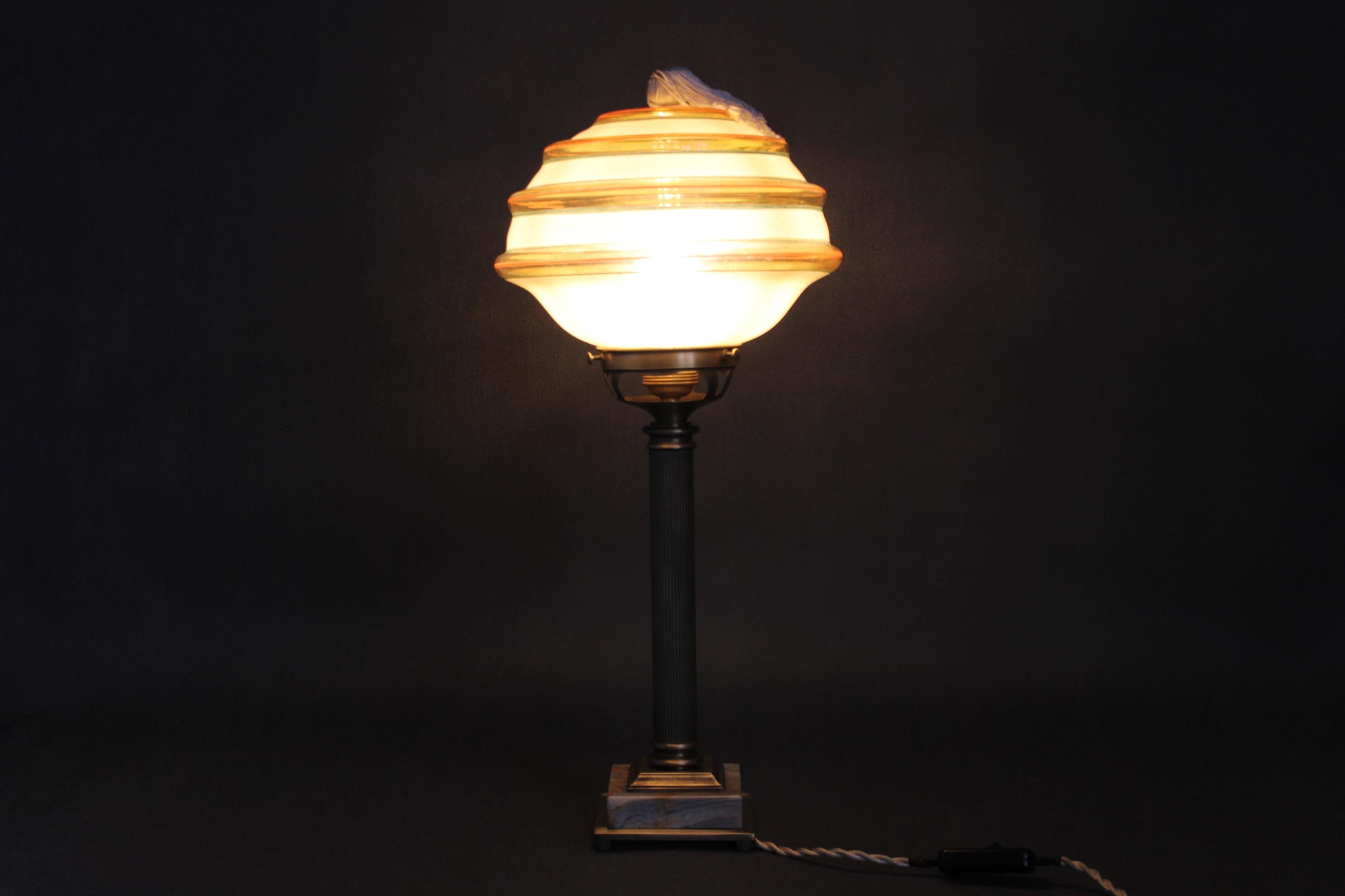 1940s Restored Brass Table Lamp with Marble Base and Glass Shade For Sale 6