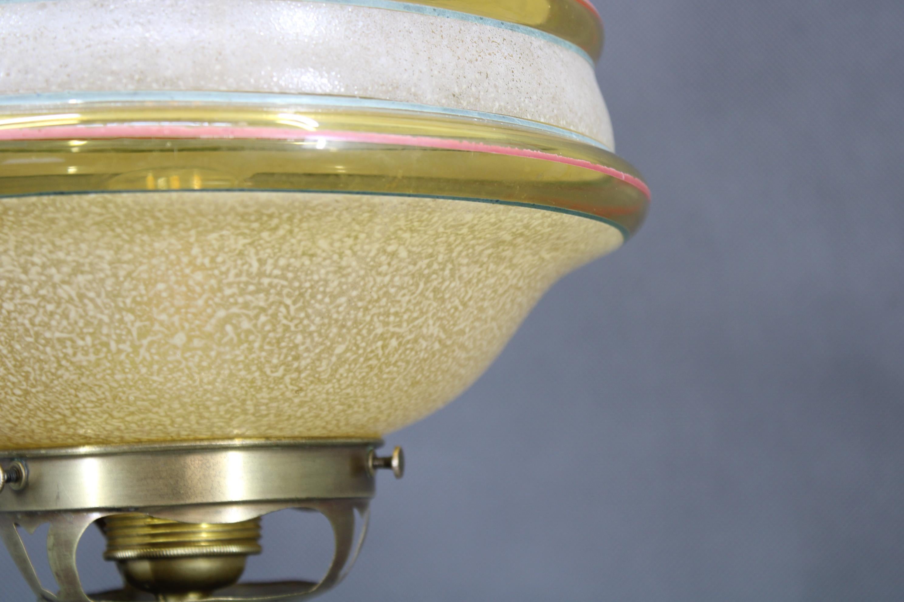 1940s Restored Brass Table Lamp with Marble Base and Glass Shade For Sale 2