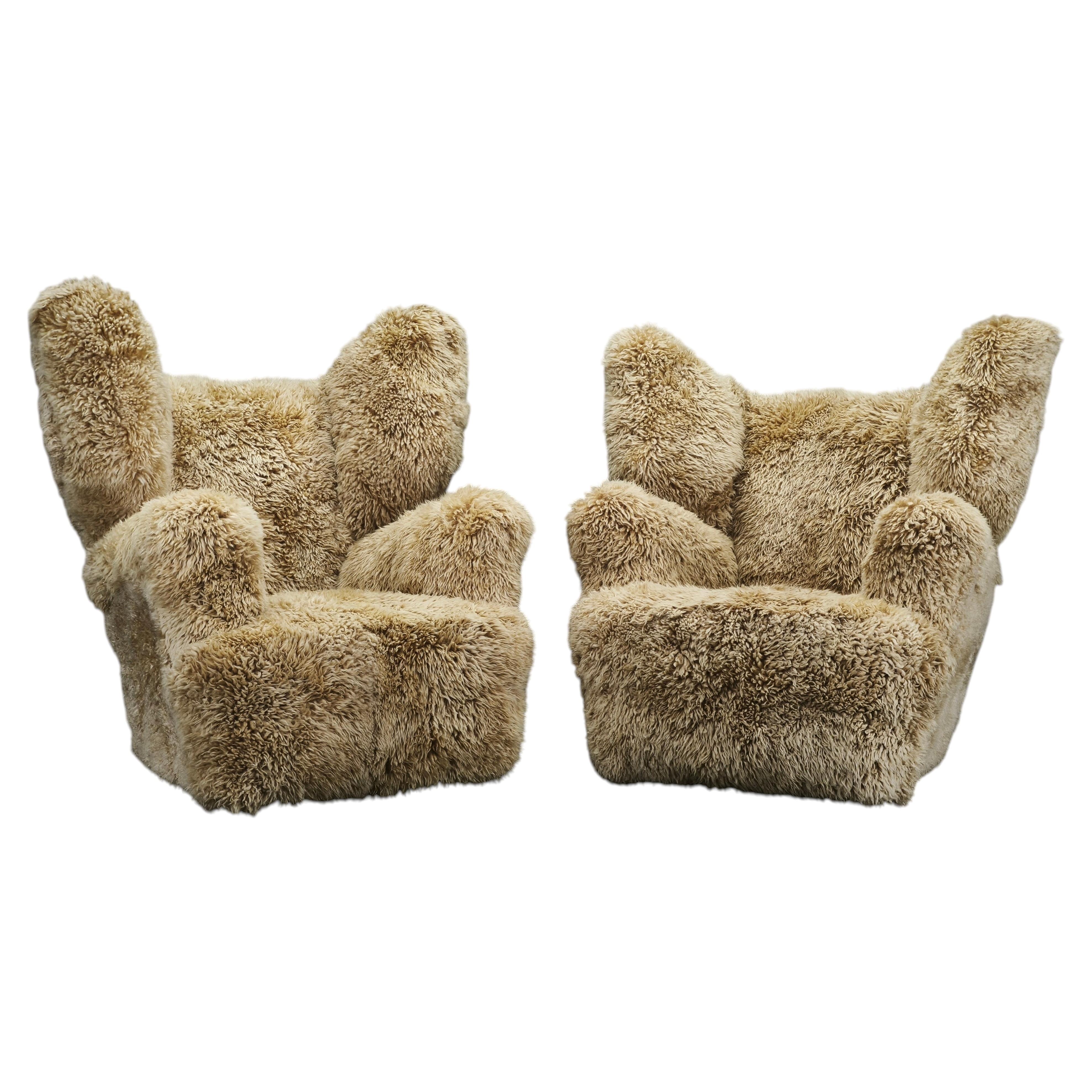 Rare Pair of Monumental Art Deco Skandilock Sheepskin Wingback Chairs 1930s