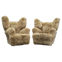 Rare Pair of Monumental Art Deco Skandilock Sheepskin Wingback Chairs 1930s