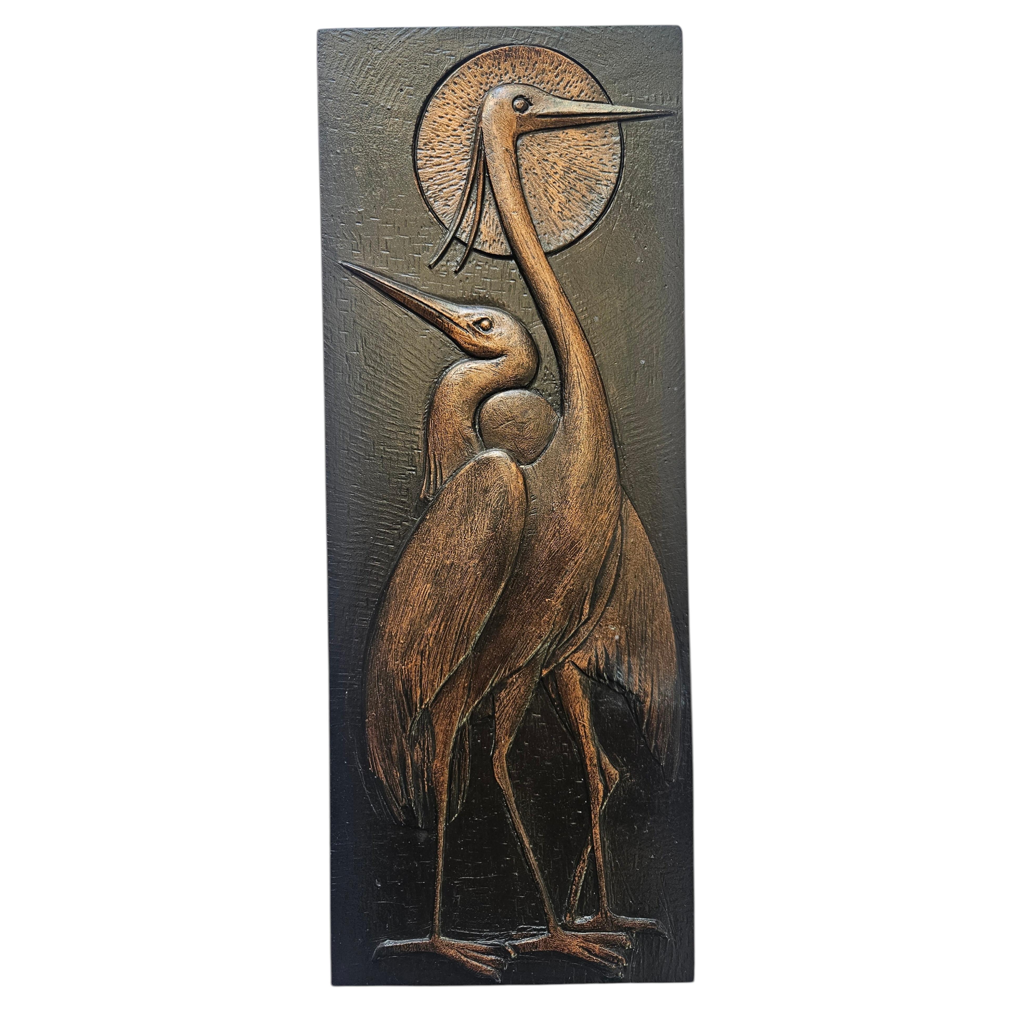 Rare Wall Wood Relief Sculpture of Herons, 1960s For Sale