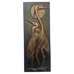 Rare Wall Wood Relief Sculpture of Herons, 1960s