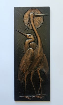 Rare Wall Wood Relief Sculpture of Herons, 1960s