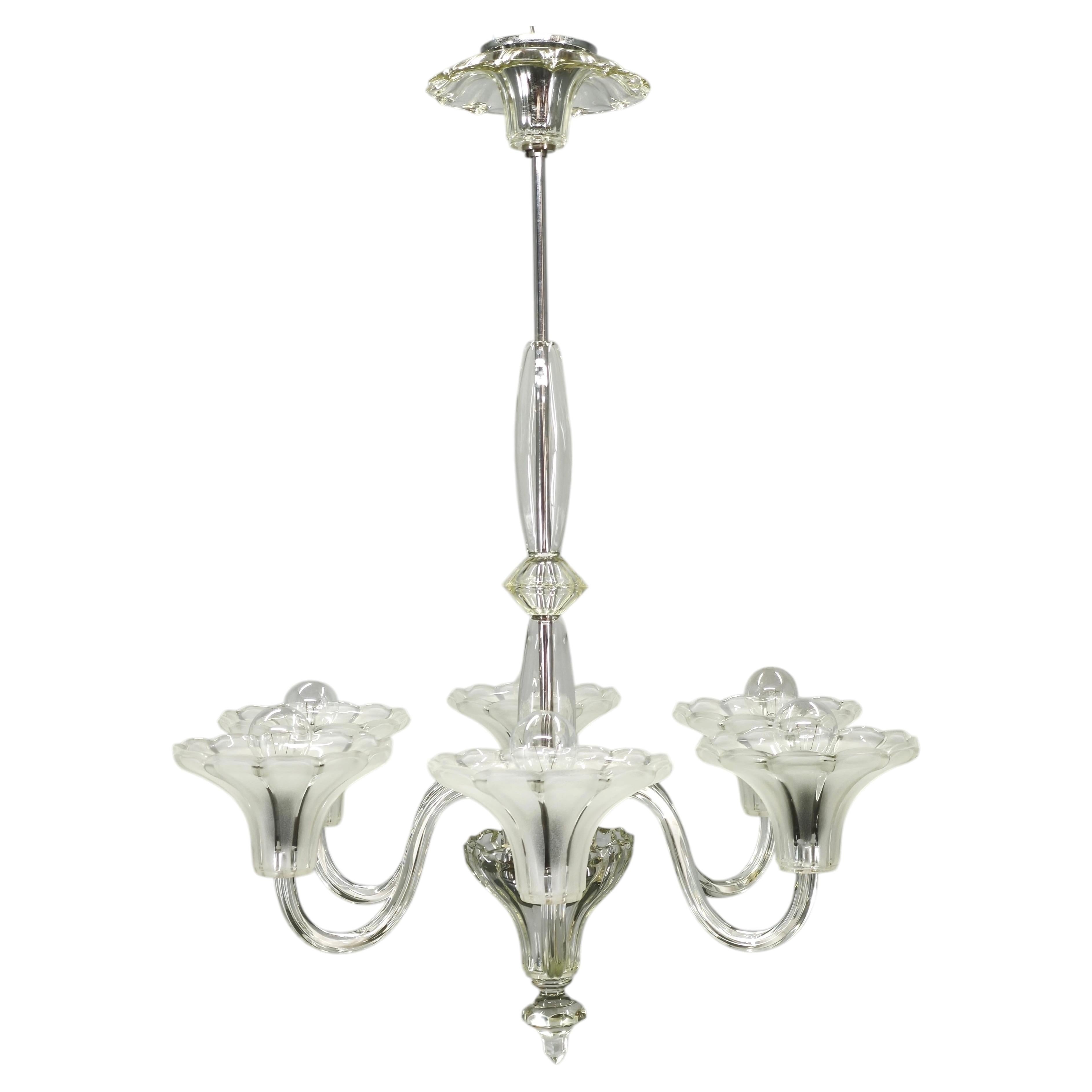 Art Deco Six-Arm Glass Chandelier, Czechoslovakia, 1930s