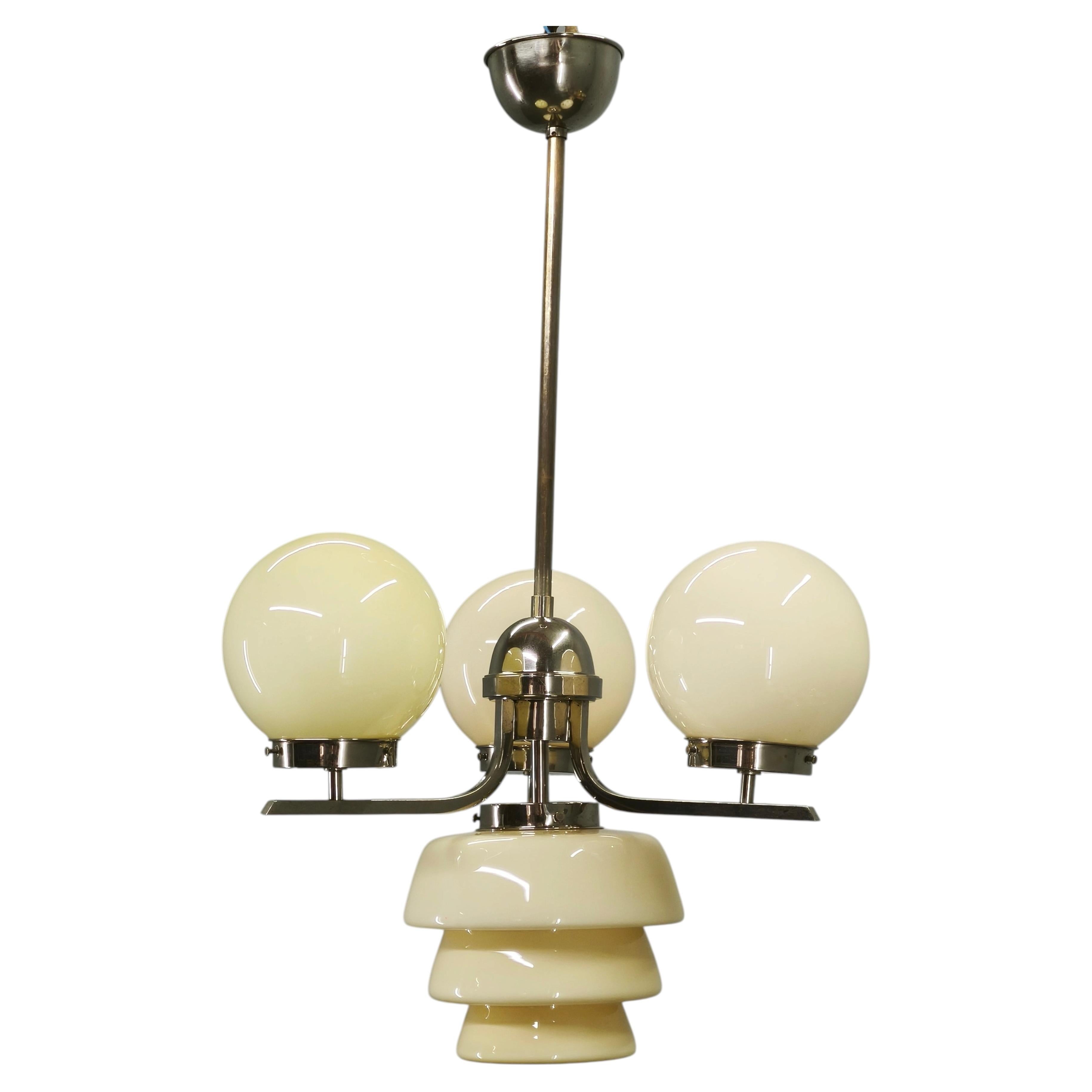 1930s Art Deco Cream Glass and Chrome Chandelier, Czechoslovakia