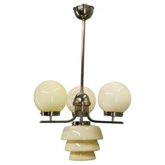 1930s Art Deco Cream Glass and Chrome Chandelier, Czechoslovakia
