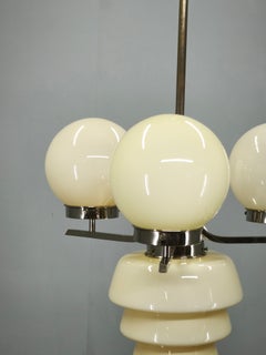 1930s Art Deco Cream Glass and Chrome Chandelier, Czechoslovakia