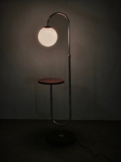 1940s Art Deco Chrome Floor Lamp with Opaline Globe and Side Table