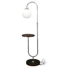 1940s Art Deco Chrome Floor Lamp with Opaline Globe and Side Table