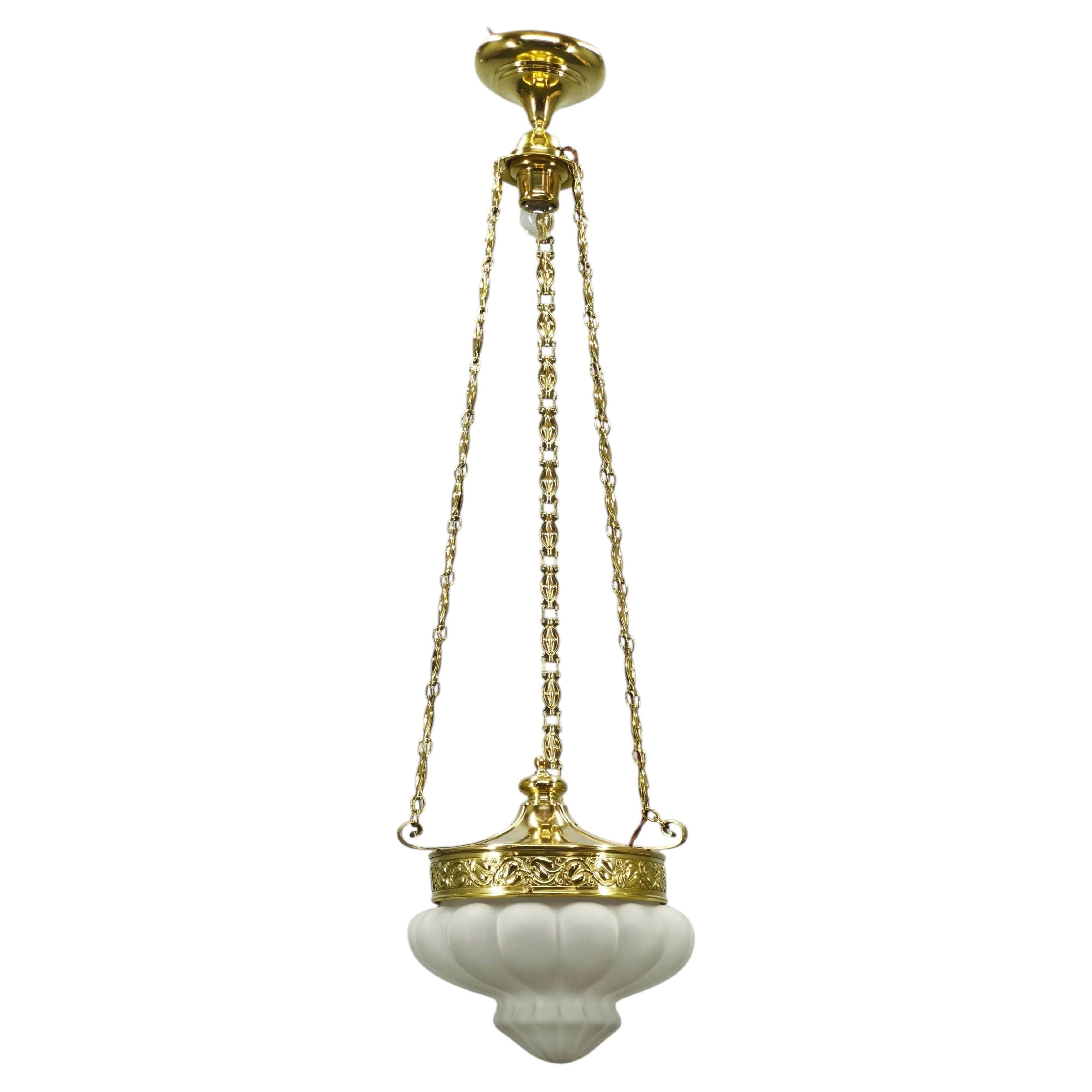 Art Nouveau Brass and Opaline Glass Secession Chandelier, Czechoslovakia, 1900s For Sale