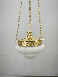 Lampadario in ottone e vetro opalino in stile Art Nouveau (Secessione), Cecoslovacchia, anni '00