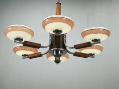 Large Art Deco Chrome, Wood and Glass Six-Light Chandelier, 1930s