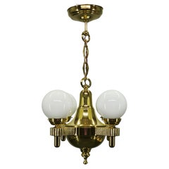 1920s Czech Art Deco Brass and Opaline Glass Globe Chandelier