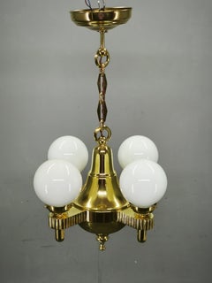 1920s Czech Art Deco Brass and Opaline Glass Globe Chandelier