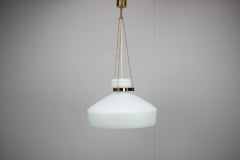 1970s Czechoslovak Mid-Century Modern Pendant Lamp in Opaline Milk Glass and Bra